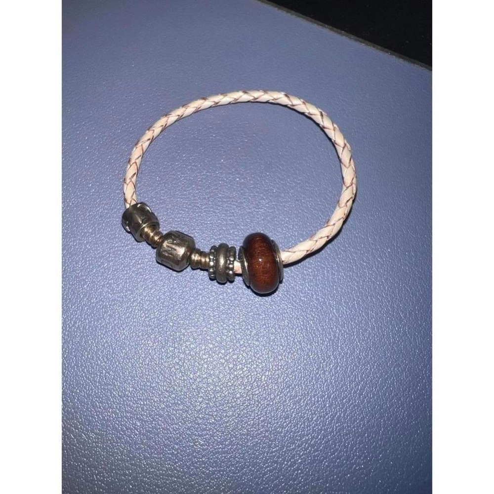 Pandora Braided White Leather Charm Bracelet Sterling Silver Brown Glass‎ Beads